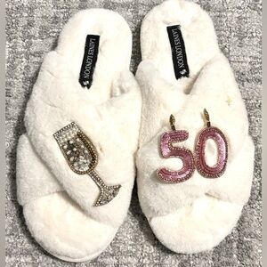 Classic Laines Slippers - 50Th Birthday & Champagne Glass - Cream | Size Large